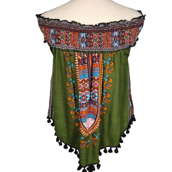 Midnight Sky Juniors Bohemian Style Off The Shoulder Blouse, Green/Multi, Large - Picture 5 of 11
